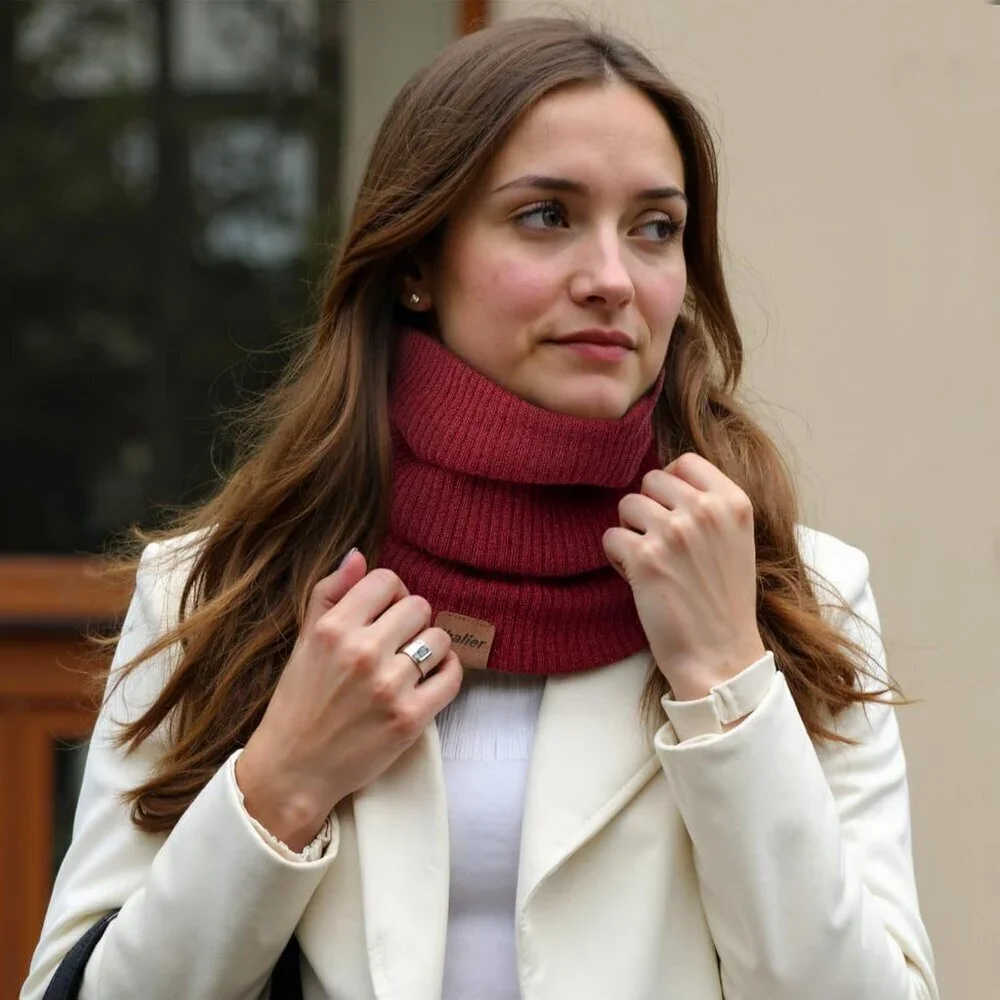 Women's Red Wine Scarf Winter Double-Layer Neck Warmer Knit Fleece Lined Circle